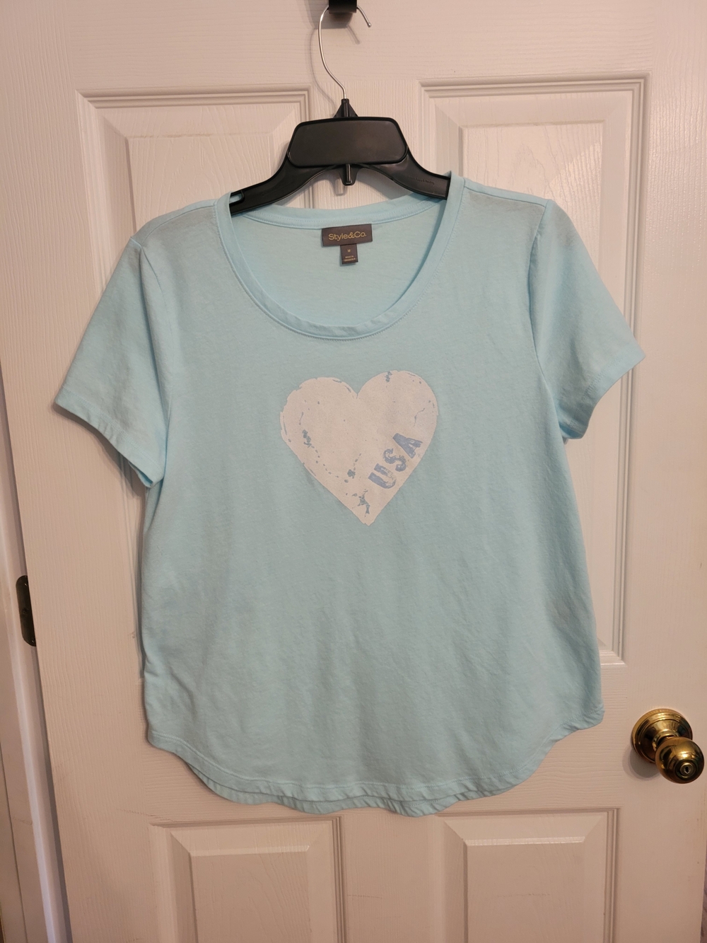 Style & Co. Light Blue Short Sleeve Tee with Heart USA Graphic